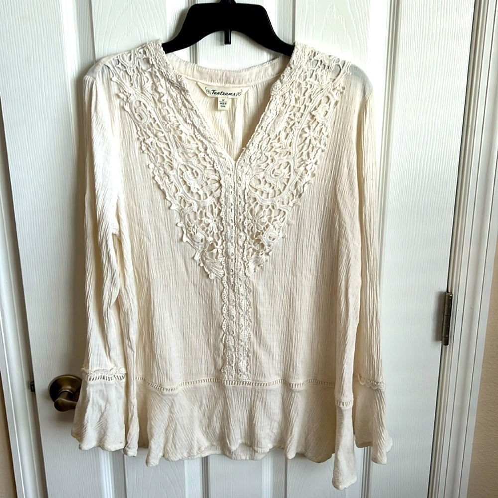 Tantrums Womens Top Medium Long Sleeve Cream‎ Lace Detail Blouse